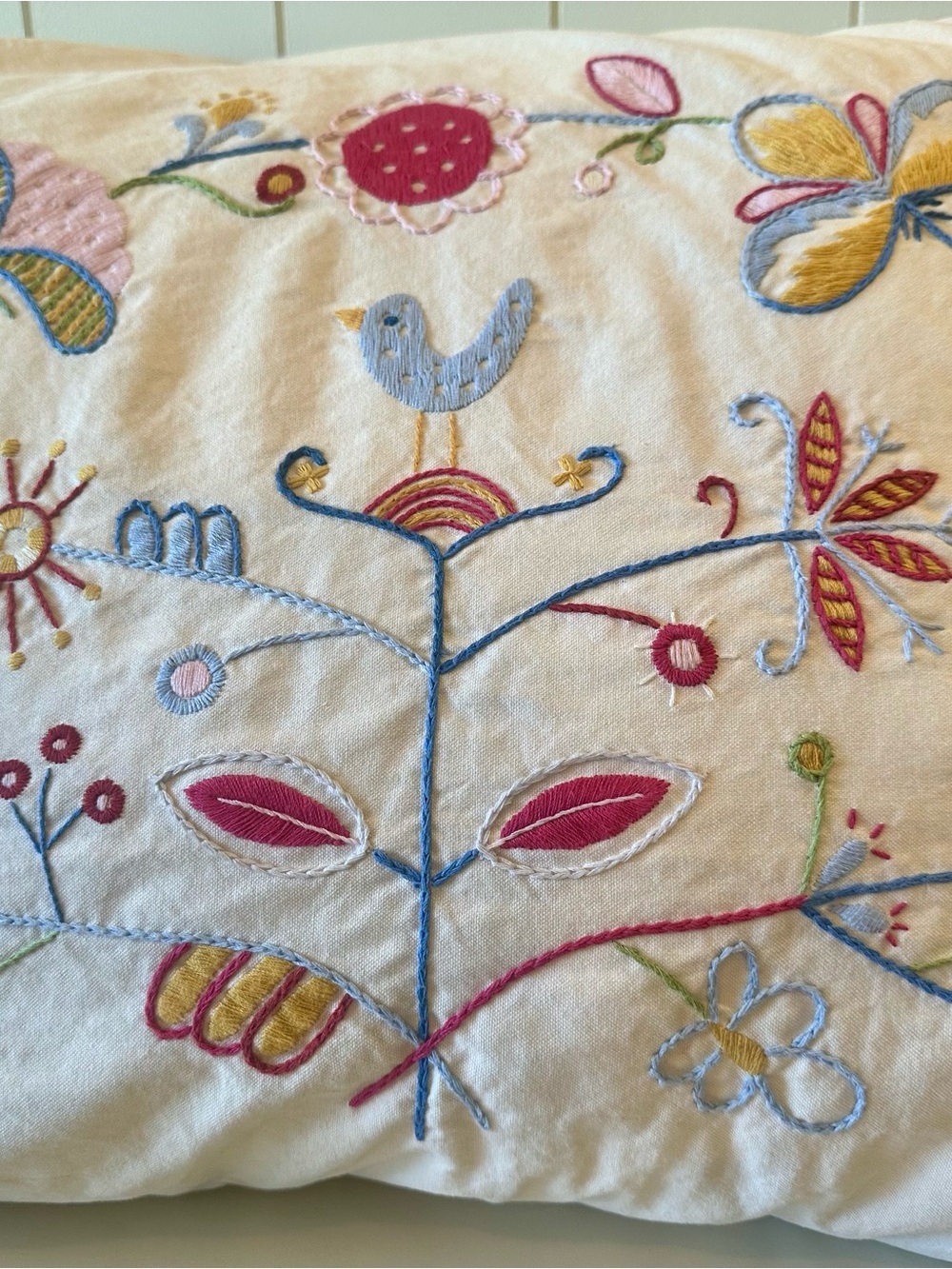 IKEA Embroidered White Accent Pillow with Blue, Pink, Yellow and Red Accents - Picture 2 of 6